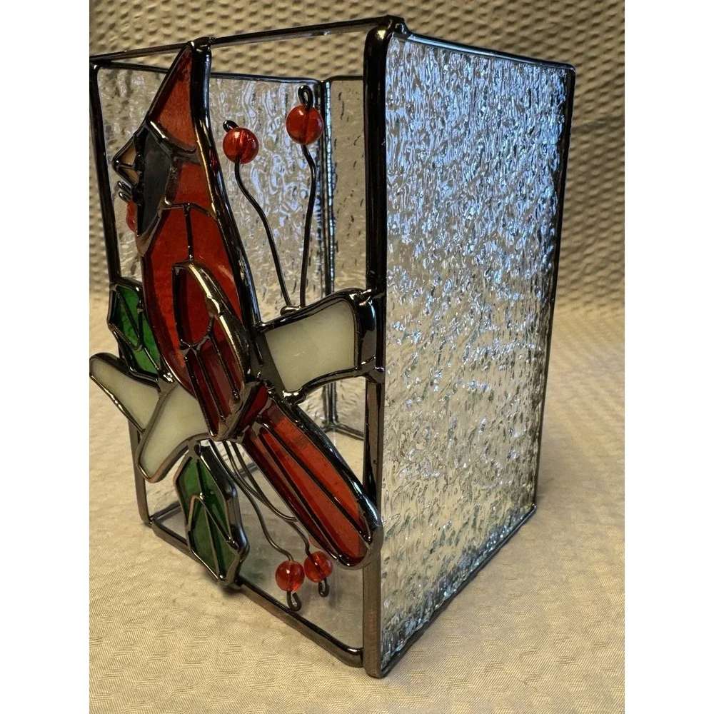 Stained Rectangle Glass and‎ Metal Cardinal Candle Holder Holly Berry Red Bird
